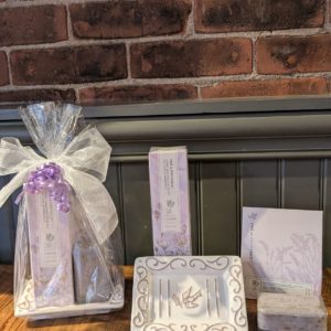 Mother's Day Lovely Lavender Gift Basket (Lavender diffuser, luxury soap bar, hand cream & travel duo with a pretty soap dish)